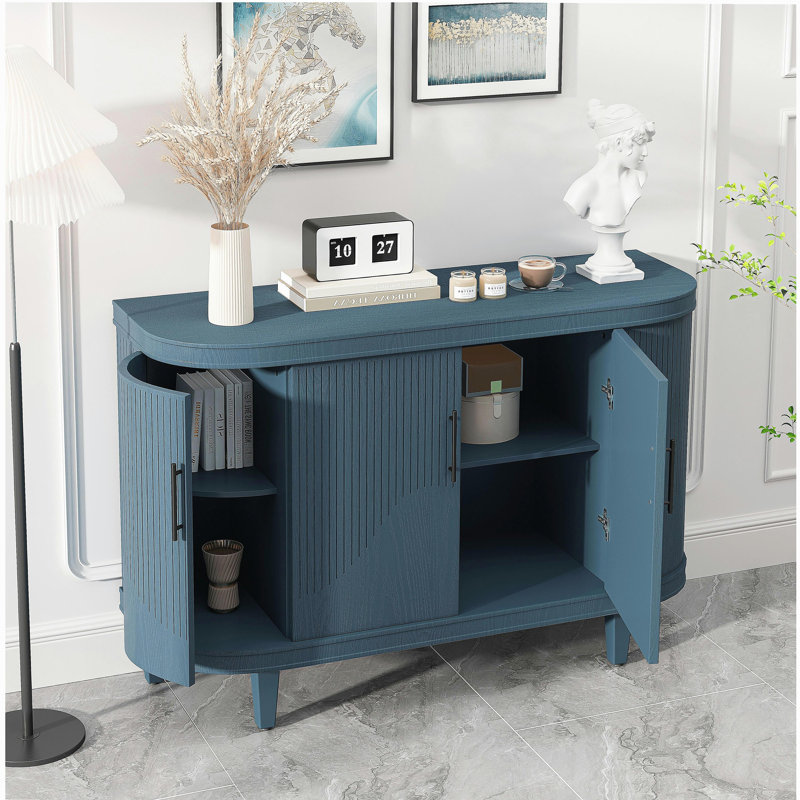 Buffet moderne incurvé de 47,2 pouces avec 4 portes et tablettes intérieures réglables pour le salon, la cuisine, la chambre à coucher et le couloir (bleu)