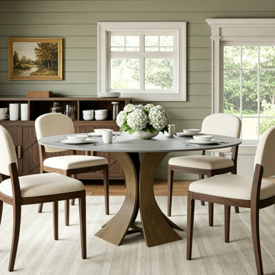 Aversa Modern Round Dining Table, Sintered Stone & Travertine Top | Solid Wood Base, 1-Step Easy Assembly For Dining Room