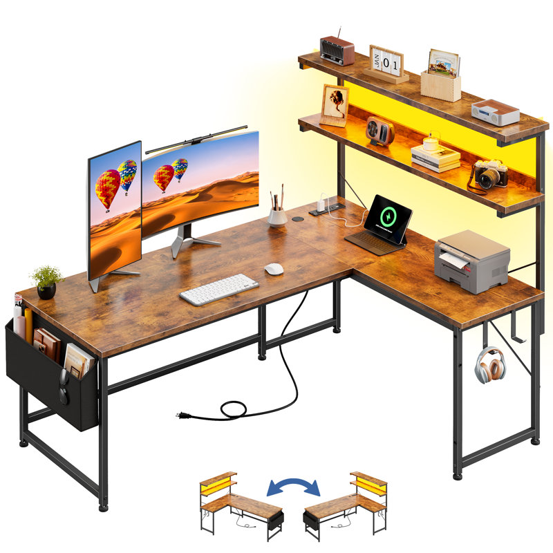 Bureau d'ordinateur en L avec lumières DEL et prise de courant, bureau de jeu réversible de l 53 po avec tablette de rangement, sac latéral, crochets pour bureau personnel, brun rustique