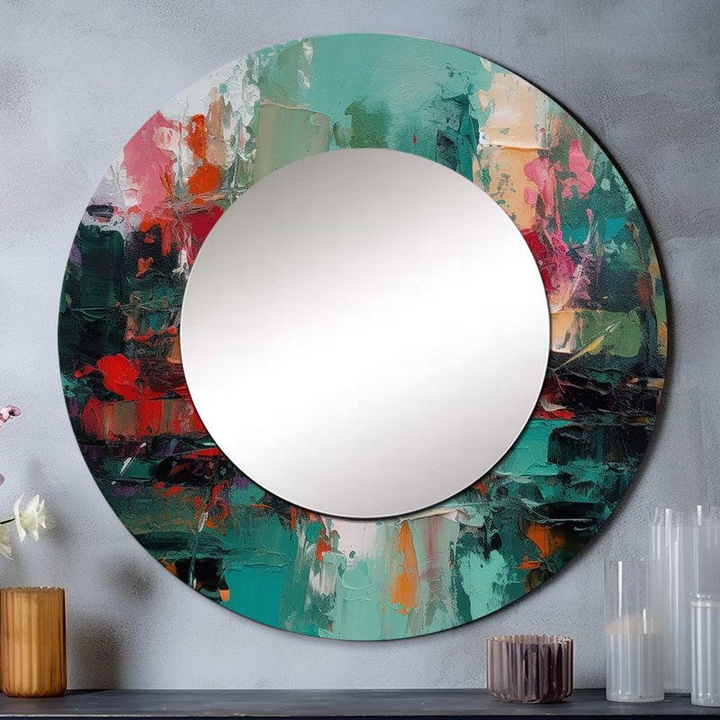 Rouge et vert textures de l'esprit II - miroir mural décoratif abstrait, miroir rond moderne, impression d'art en métal