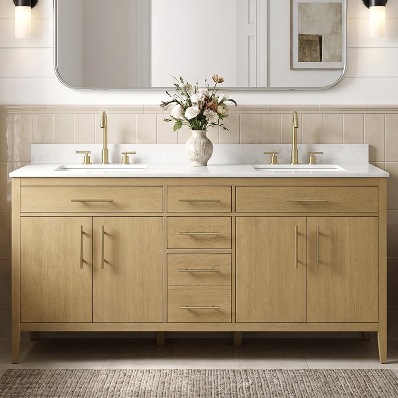 72" Fully Assembled Double Sink Bathroom Vanity with Solid Surface White Granite Top & Backsplash