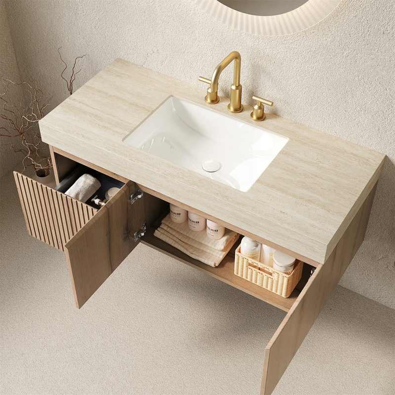 Meuble-lavabo 48 po avec lavabo, armoire de rangement en contreplaqué flottant avec tiroir et portes, durable et élégant