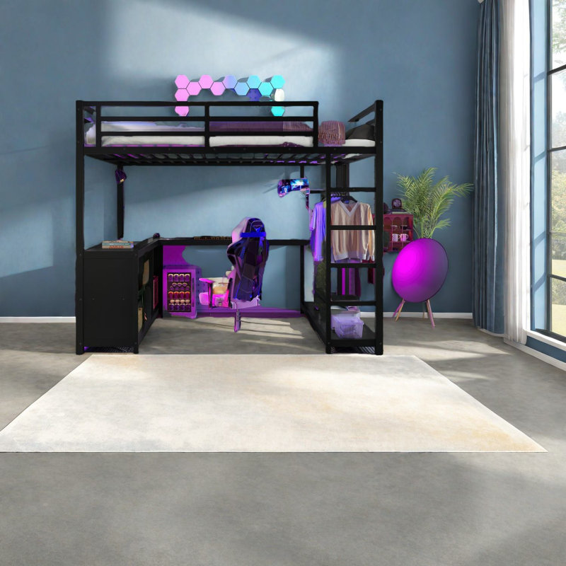 Grand lit mezzanine en métal noir avec rangement, design moderne noir