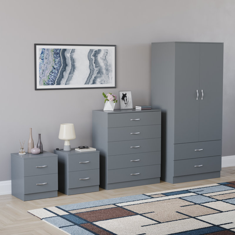Tayce 4 Piece Bedroom Set (2 Drawer Bedside Chest X2, 5 Drawer Chest, 2 Door 2 Drawer Wardrobe, Grey