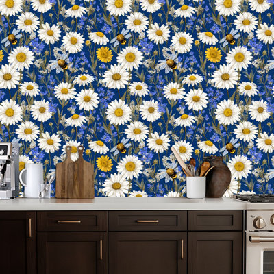 Papier peint adhésif fleurs sauvages, fleurs blanches, fleurs de contact bleues, papier adhésif amovible, décoration murale pour armoires de cuisine de chambre à coucher 17,7 po x 118 po