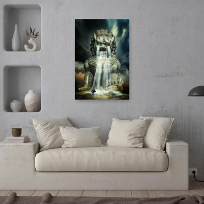 Mystical Guardian Waterfall Dramatic Mystical Serene Dog Lion Landscape Nature Wall Art Print 1 Piece Wrapped Canvas Wall Art
