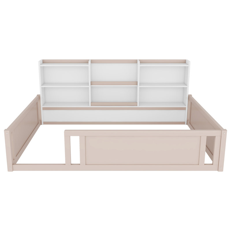 Lit plateforme en bois avec barrière de sécurité et tablettes de rangement pratiques, Double, Crème, blanc