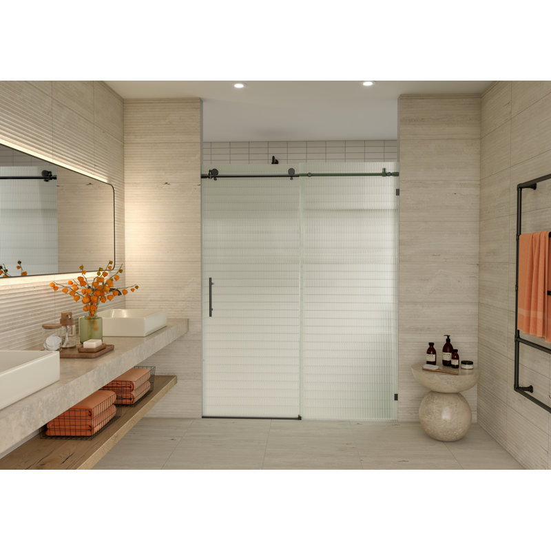 Galaxy 56 - 60 in. x 78 in. Fully Frameless Fluted Sliding Shower Door, Left Hand, Matte Black