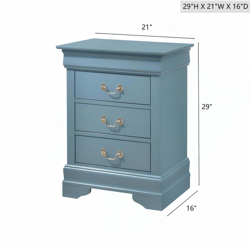 Charmante table de chevet traditionnelle en bois avec 3 tiroirs de rangement et poignée en métal, Teal