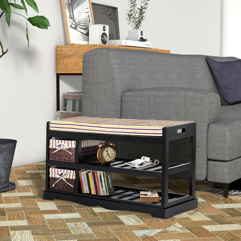 Solid Wood Shoe Storage Bench, Black