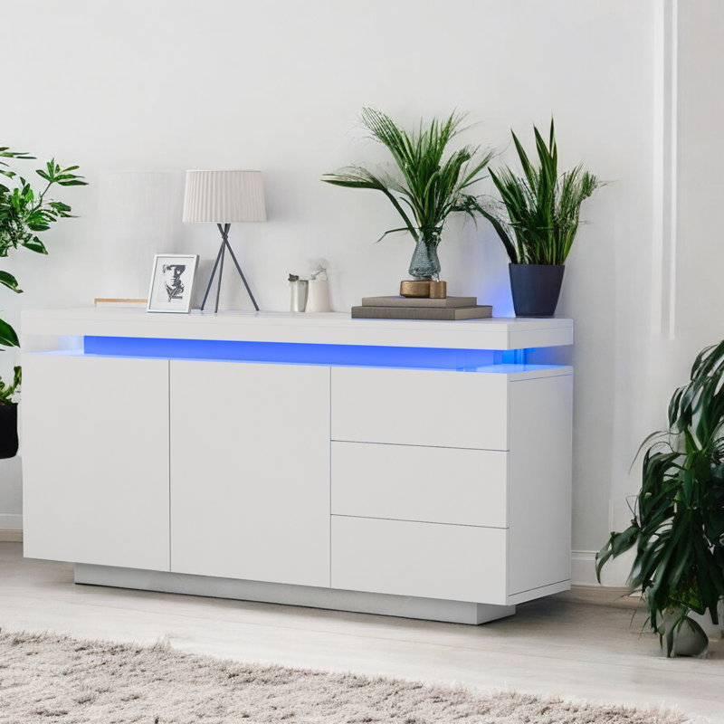 Sideboard With 16-Colour LED Lights  With 2 Doors & 3 Drawers High Gloss Sideboard