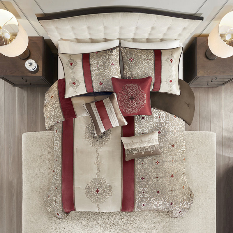 Ensemble de literie pour grand lit 7 pièces - très grand édredon rouge avec coussins décoratifs, Red
