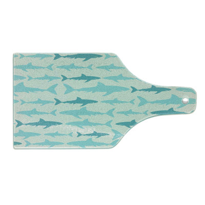 Ambesonne Ocean Tempered Glass Cutting Board Swimming Sharks in Sea Turquoise Beige Teal