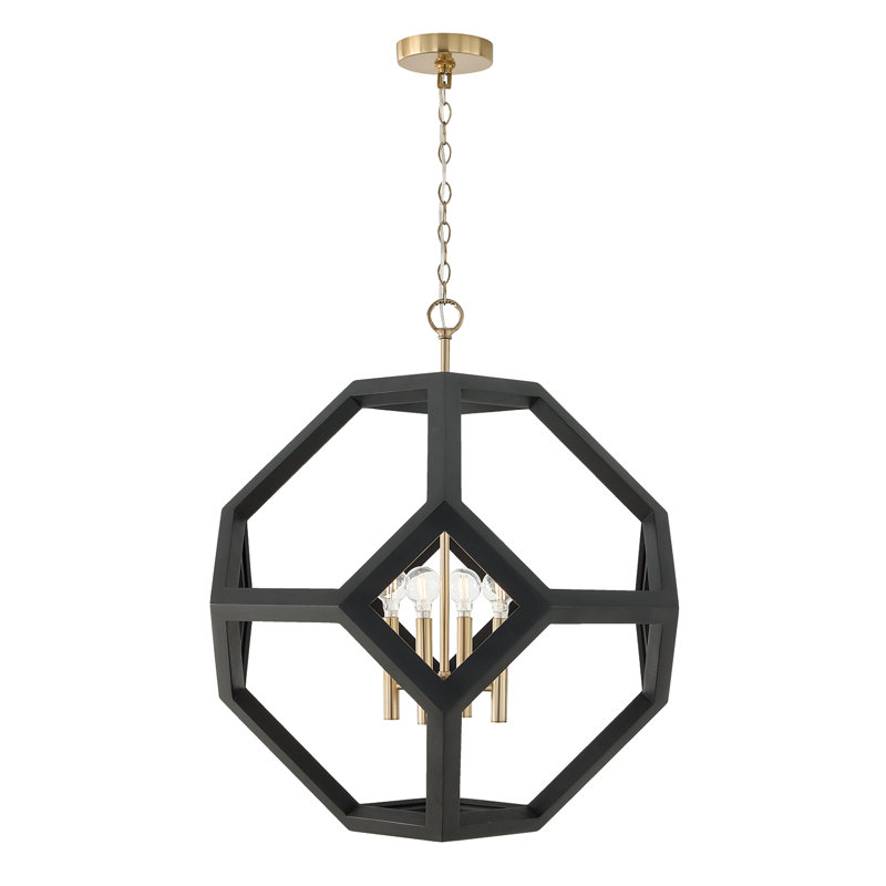 24" W x 28" H 4-Light Geometric Orb Pendant in Matte Brass with Handcrafted Mango Wood Hand-painted Flat Black