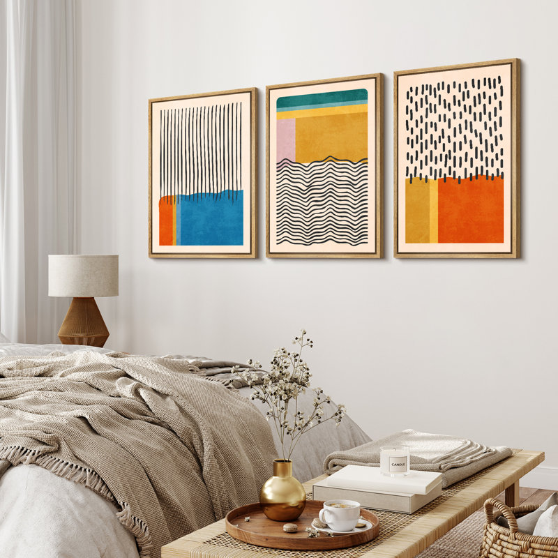 Abstract Vibrant Color Blocks " Mid-century Modern Multicolor Block Colorful Framed Abstract Geometric Canvas Print Wall Art " 3 - Pieces