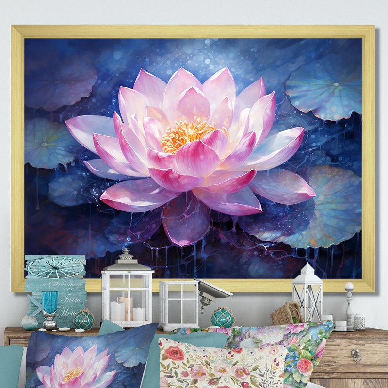 Lotus luminescence sur toile, Cadre doré simple, H 24 po x l 32 po x P 1 po