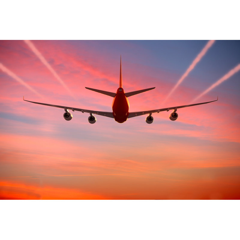 Airplane Flying In The Sky At Sunset With Vapor Trails by Maxiphoto - No Frame Print on Canvas, 30cm H x 46cm W