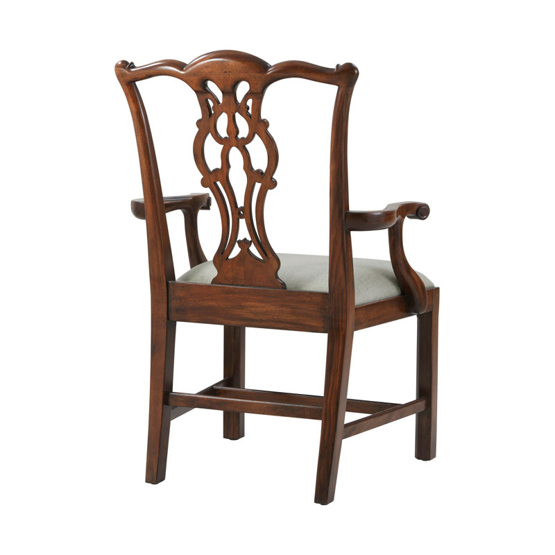 Mahogany Chippendale Upholstered Arm Chair with Gray Seat