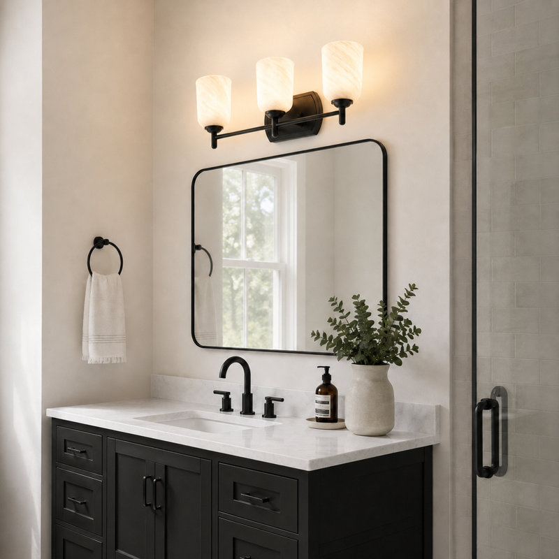 Éclairage de salle de bain noir mat à 3 lumières Laurelhurst, 22 po de largeur, verre marbré blanc, acier, à intensité variable, compatible avec DEL, fixation réversible