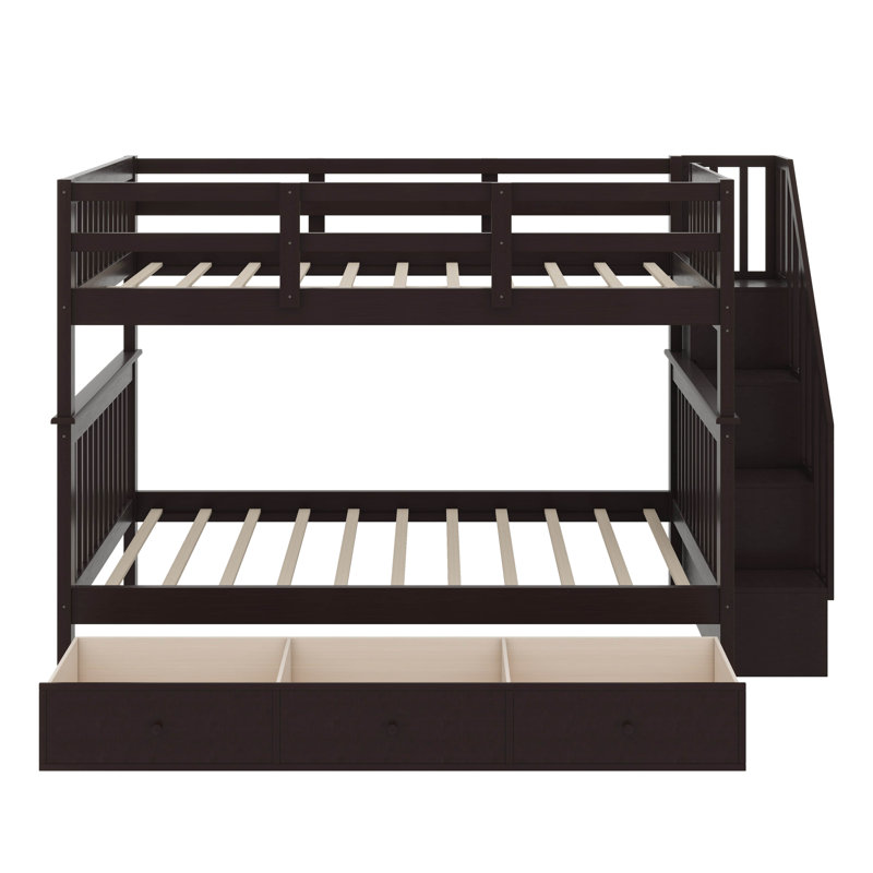 Full-Over-Full Bunk Bed With Stairway, Drawer, Storage, And Bed Guard Rail For Bedroom, Espresso