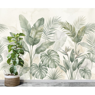Tropical Botanical Wallpaper, Palm Leaf Wall Mural, Monstera Banana Leaf Wallpaper, Neutral Jungle Decor, Peel and Stick Wallpaper 1202DRS
