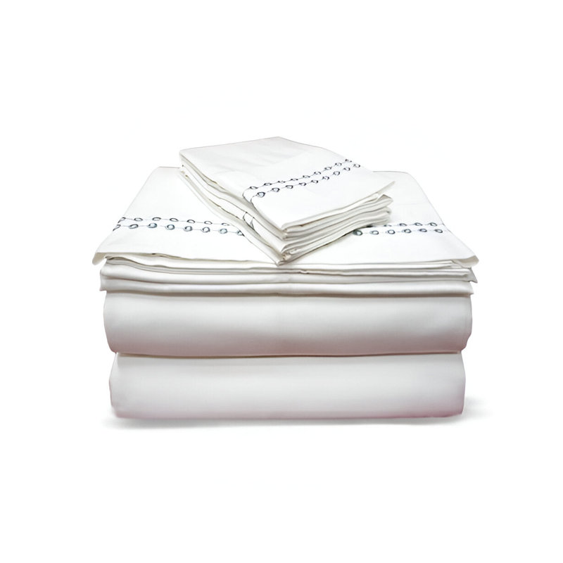 400TC Sateen Solid Cotton Dot Embroidered Cotton 4 Piece Sheet Set Fitted Sheet Fits Upto 16" Deep Pocket, Light Gray Border