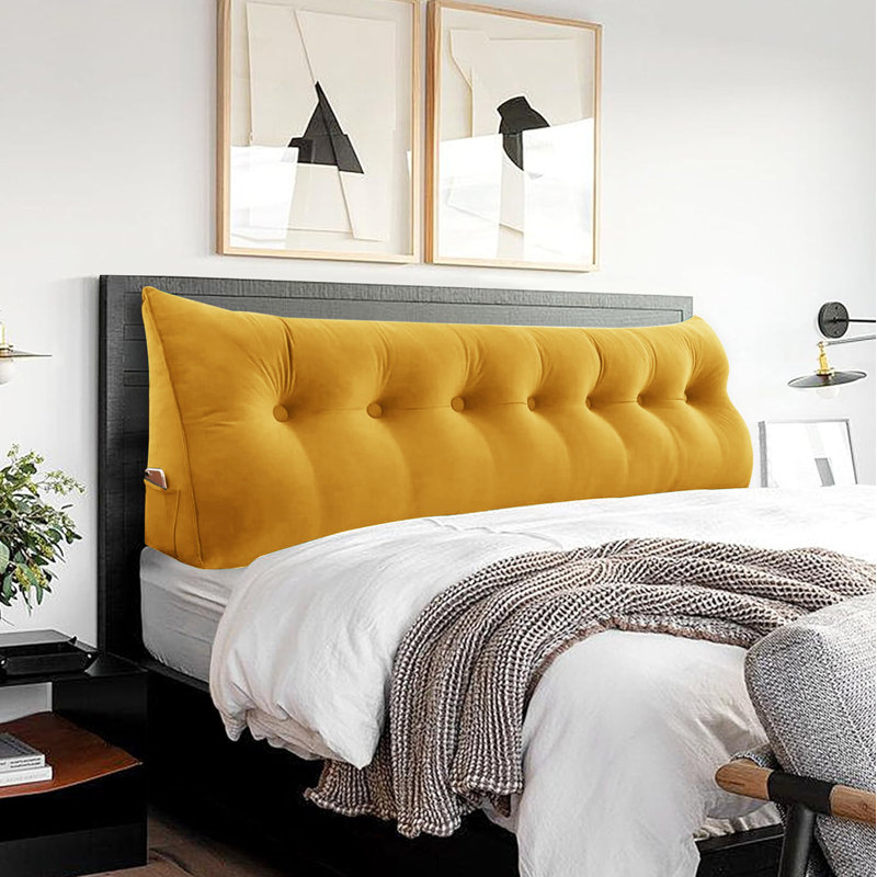 Coussin de lecture de tête de lit en velours de coton avec housse amovible et lavable, Très grand lit, Jaune