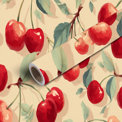 Peel and Stick Wallpaper Contact Paper Cherries Red cherry green leaves light Little cherries repeat evenly Self Adhesive and Removable 24in x 118in(60x300cm)