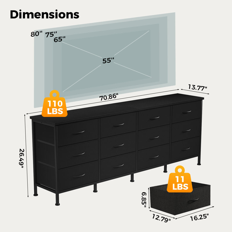 12-Drawer Dresser Chest of Drawers, Large Storage Dresser Cabinet/ TV Stand for 65-80" TV, Black