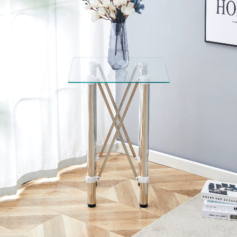 Table de salle à manger extensible en verre carré: verre trempé transparent de 20 po, pieds télescopiques en métal argenté, accessoire à ventouse, un choix chic pour les intérieurs modernes