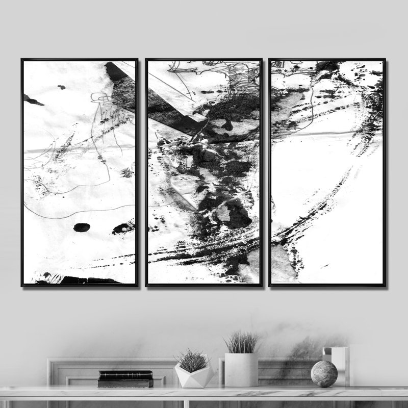«Abstract Black Stain», ensemble de 3 reproductions d'art encadrées sur toile abstraites, H 28 po x l 36 po x P 1 po