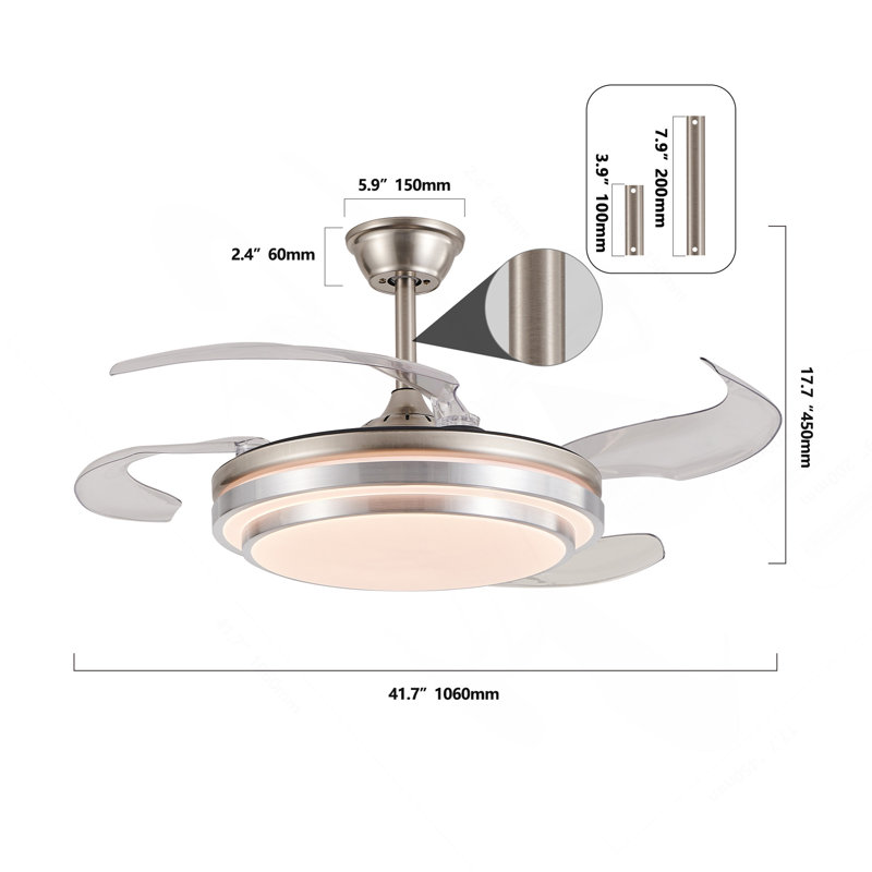 Ventilateur de plafond moderne à DEL 42 pouces à 3 niveaux avec éclairage et télécommande, pales rétractables, moteur à courant continu à 6 vitesses réglable et silencieux pour le salon, la chambre à coucher, la salle à manger