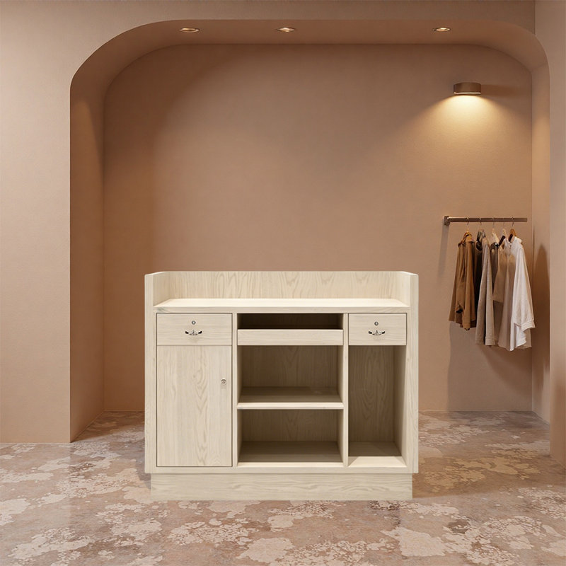 Petit bureau de réception de style rétro avec rangement verrouillable, gestion des câbles, comptoir de caisse idéal pour salon, spa, boutique ou bureau