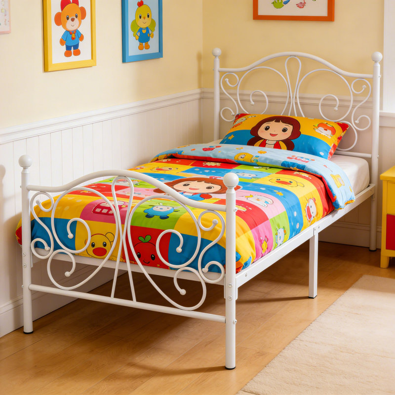 Twin Size Platform Bed Frame with Unique Butterfly-Shaped Headboard and Footboard, White