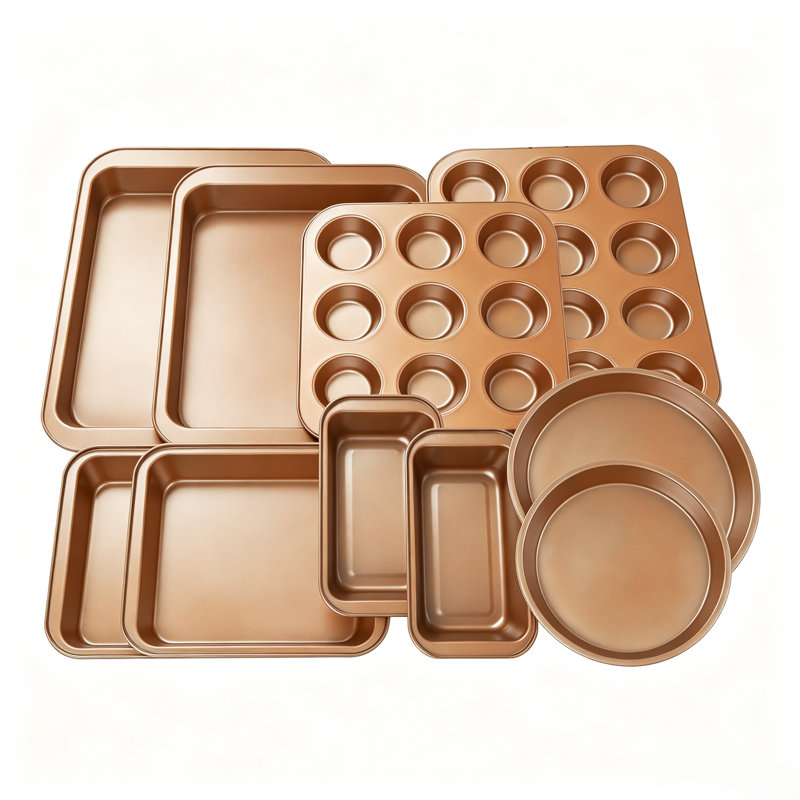Ensemble complet de plats de cuisson antiadhésifs 10 pièces en bronze doré, fabrication en acier au carbone pour cuisson uniforme, ensemble tout-en-un avec plaques à biscuits, moules à muffins, moules à gâteau et moules à pain