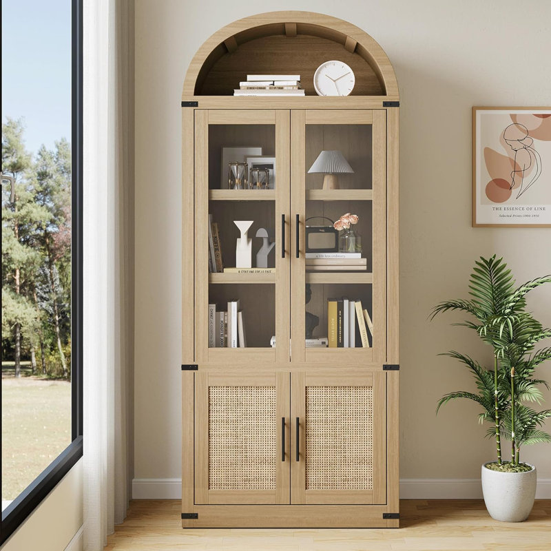 Bibliothèque arquée à 6 tablettes avec portes en verre, vitrine en bois moderne pour la décoration