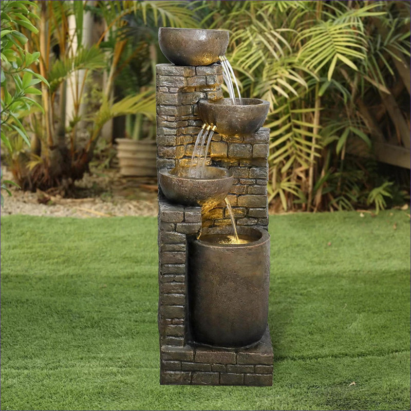 Fountains 38.2" H Outdoor Stacking Fountain for Garden Patio, with LED Lights &amp; Built-in Pump | Resin | Walnut Brown