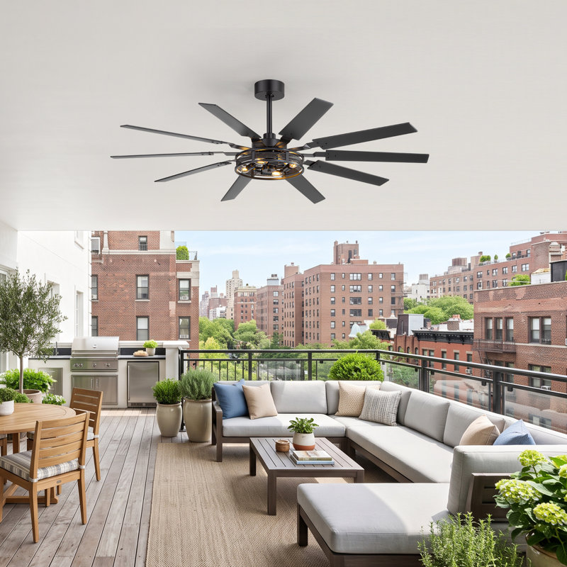 Ventilateur de plafond en cage de 60 po avec lumière et télécommande, ventilateur de plafond à moteur à courant continu pour l'intérieur et l'extérieur, ventilateur réversible silencieux avec 4 prises E12, idéal pour le patio de la chambre à coucher