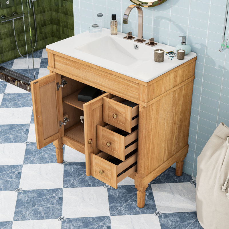 Meuble-lavabo de salle de bain avec lavabo en céramique, portes à fermeture douce, 3 tiroirs et tablette réglable, Bois