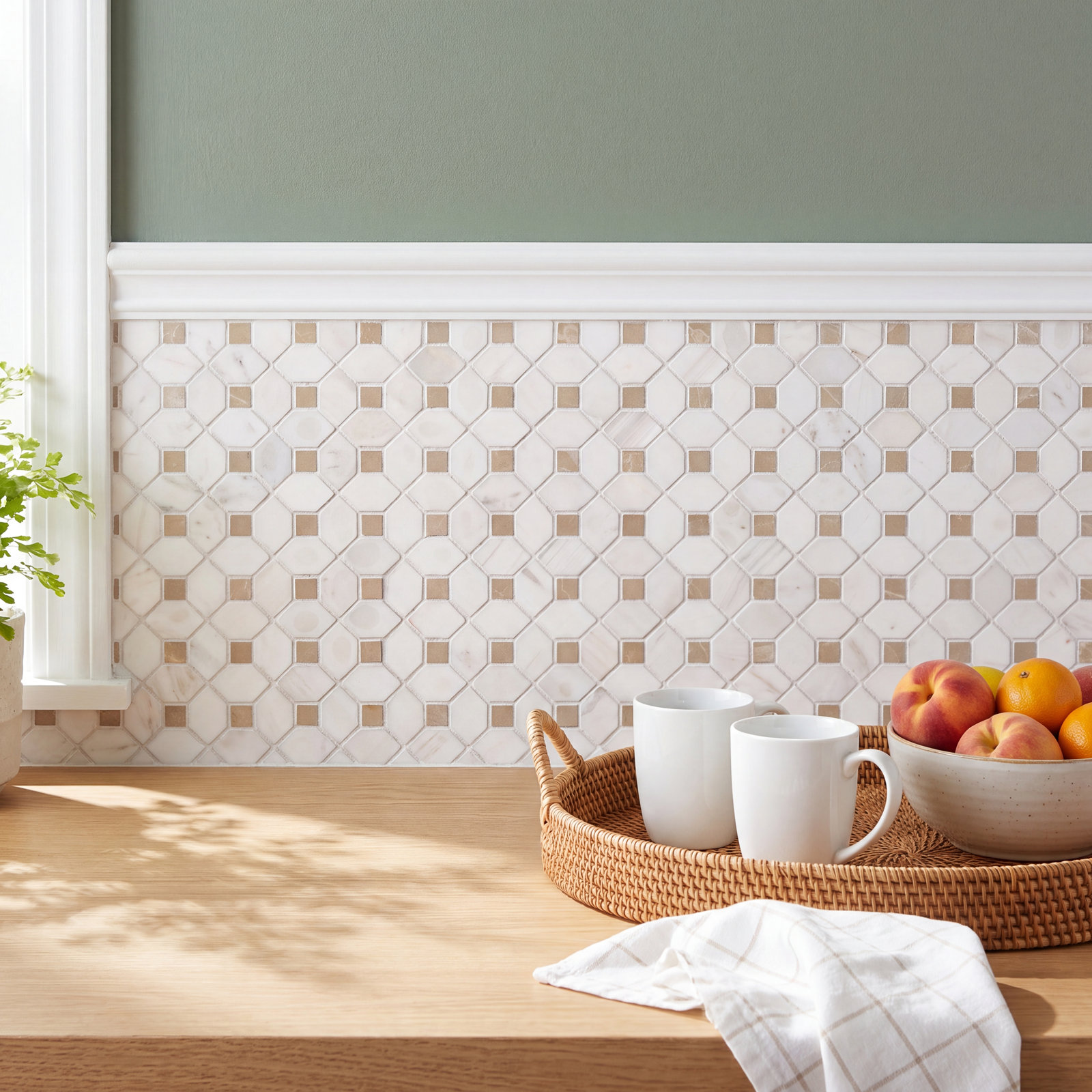 Geometric 13" x 13" Marble Mosaic Tile, Calabria Frost Gold