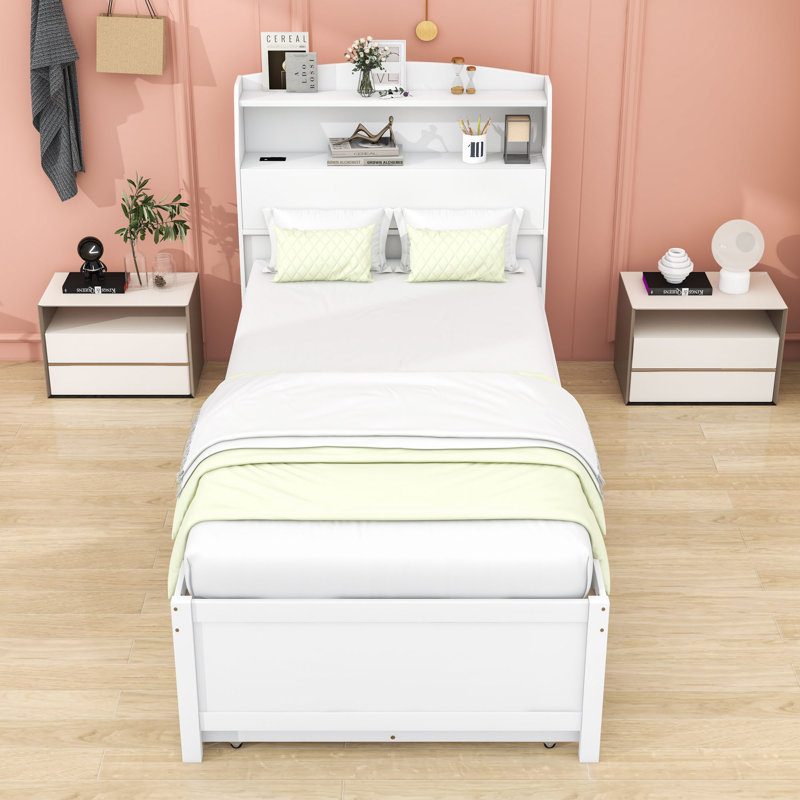 Lit plateforme en bois à 3 tiroirs avec lit gigogne, Simple, Blanc