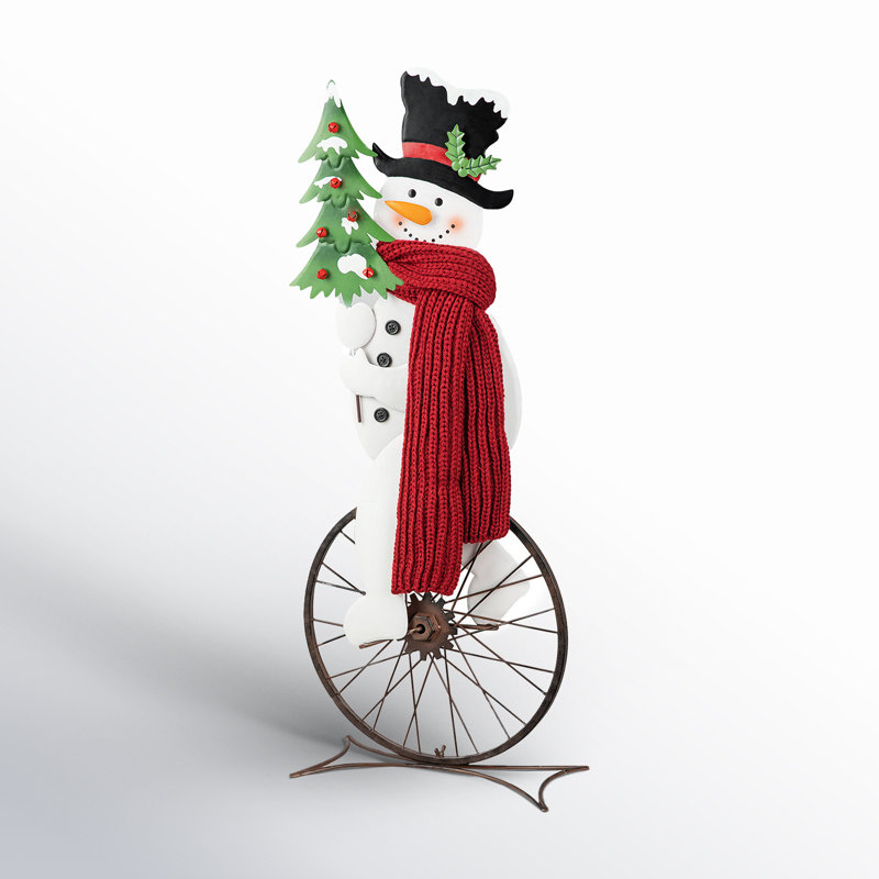 32" Metal Snowman Riding Bike with Red Scarf