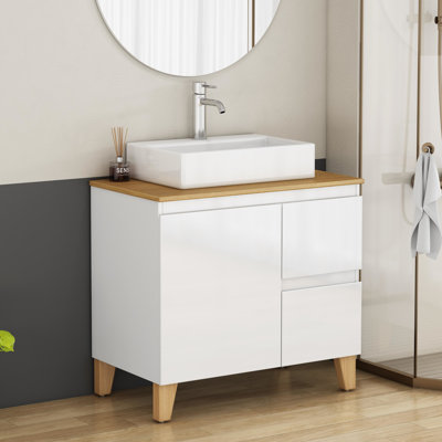 Meuble-lavabo de 80 cm (31,5 po) avec 1 porte et 2 grands tiroirs, en bois massif, lavabo carré, blanc brillant, assemblage facile pour salles de bain moyennes, lavabo de 80 cm (31,5 po), fermeture amortie, comptoir en bois, idéal pour les salles de bain familiales.
