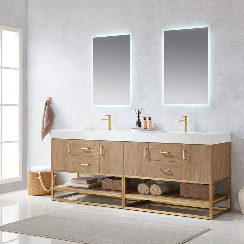 Ensemble de meuble-lavabo double 84 po Alistair, Or, Chêne naturel, Blanc