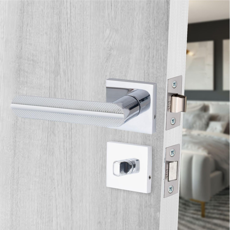 Modern Lima Design Premium Bathroom Door Handles on Square Rose with Dead Bolt, Latch, Ball Hinges and Thumbturn, Latch