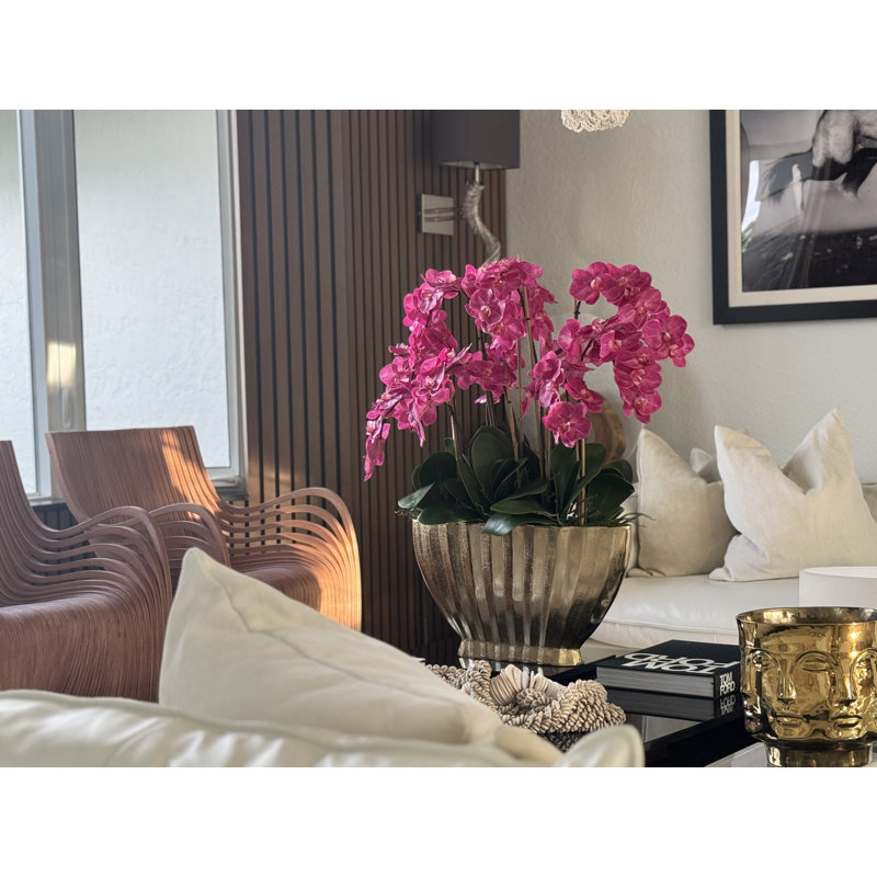 Vase Vivien doré avec orchidées phalaopsis, Rose