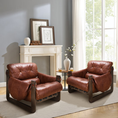 Esmiralda 35.83'' W Top-grain Genuine Leather Accent Lounge Armchair with Ash Wood Frame