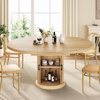 Dining Table For 4-6,63“Extendable Round Kitchen Dining Room Table With 2-Tier Storage Shelf, Space Saving Expandable Wood Oval Circle Dinner Furnitur