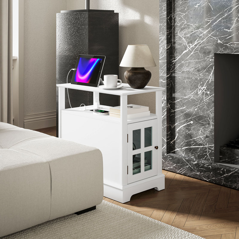 Table de bout avec station de charge, table d'appoint étroite avec prises USB, petite table avec tablette de rangement cachée pour le salon