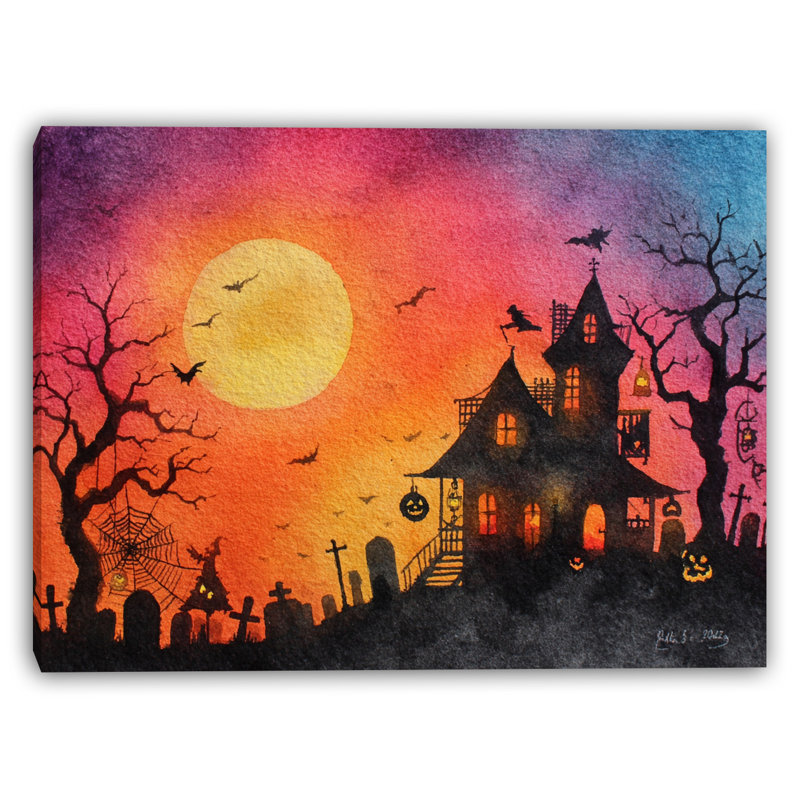 «Witch Flying Over Haunted House», art mural sur toile